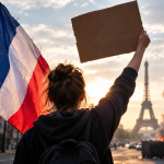 Protesta a Parigi con vista sulla Torre Eiffel