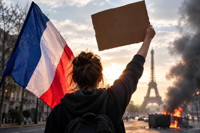 Protesta a Parigi con vista sulla Torre Eiffel